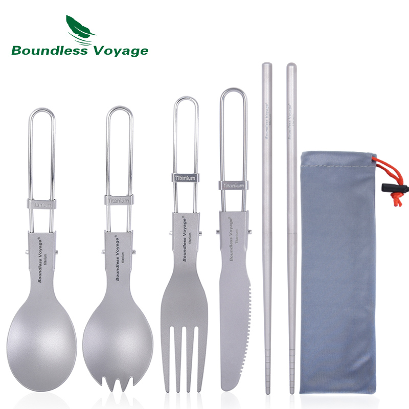 Camp Utensil Set - Boundless Voyage Titanium Camping Cutlery Folding